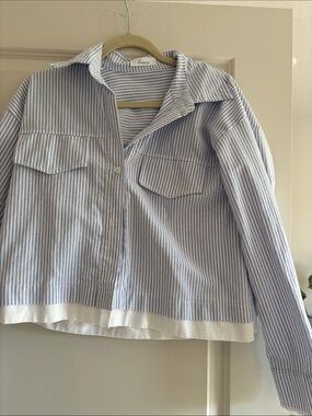 Cropped Blue and White Striped Button-Up Shirt Jacket
